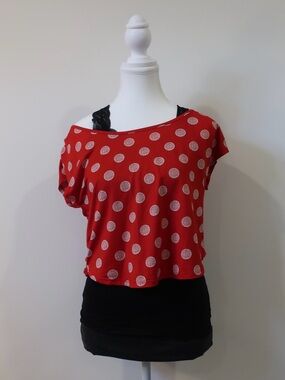Material Girl Red Polka Dot Off Shoulder Top XS Rockabilly Retro Pinup Cropped